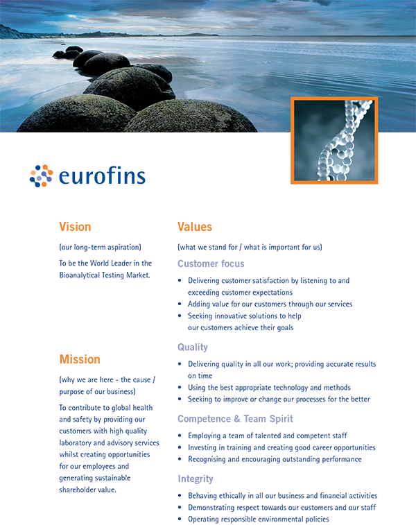 Eurofins' Mission, Vision and Values - click for a larger PDF