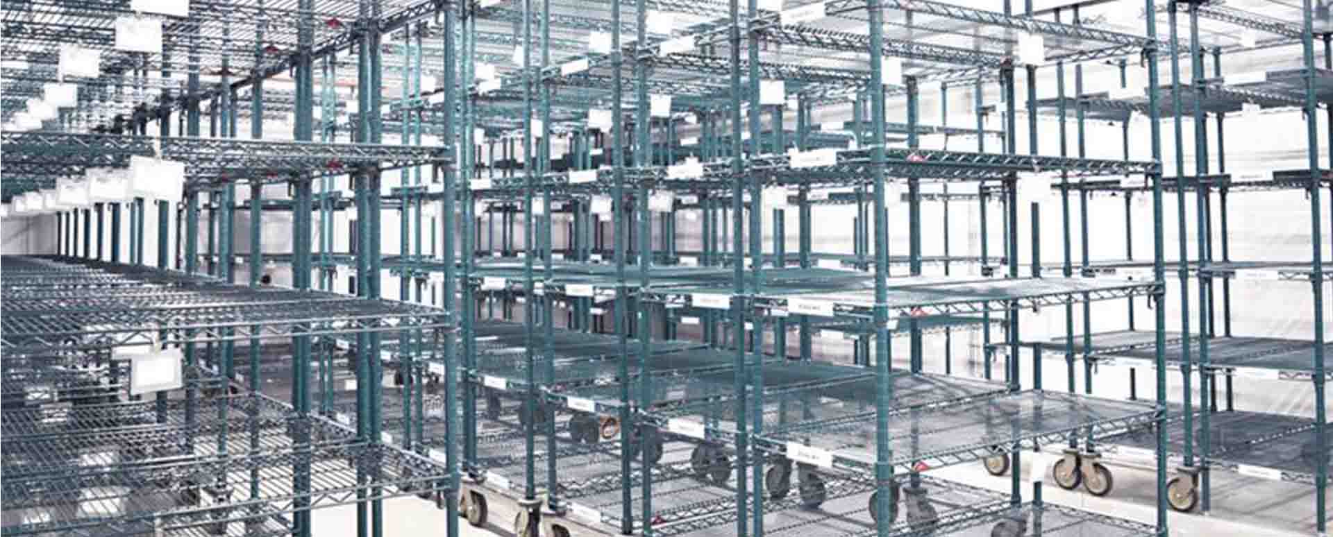 Three rows of tall, empty storage shelves in a white room with white flooring